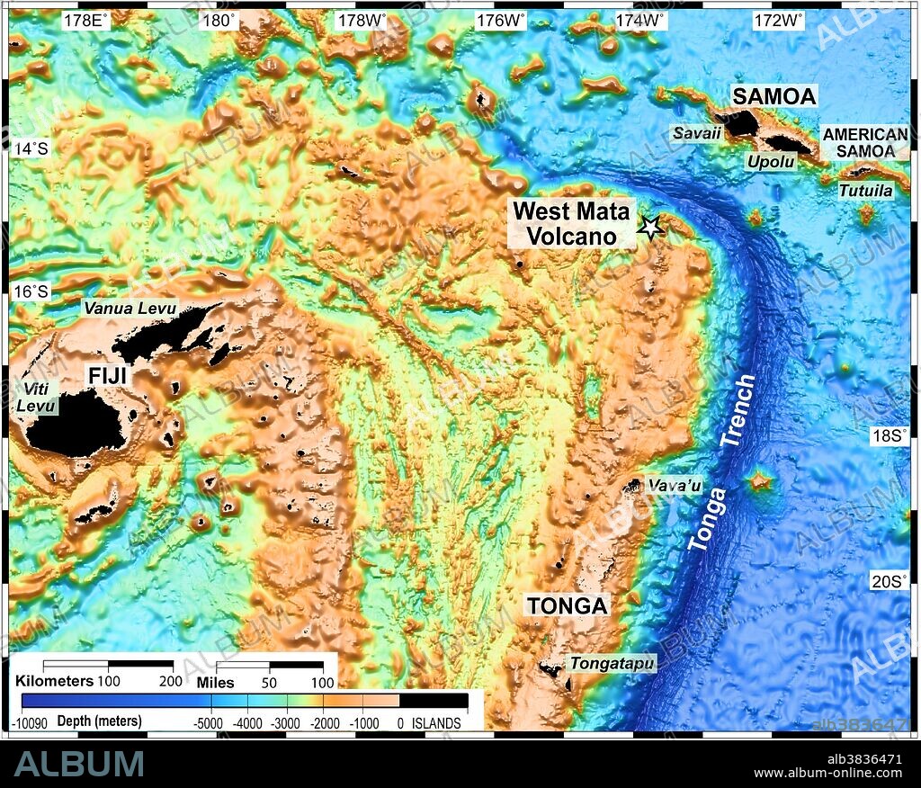 The Lau Basin is located in the southwest Pacific, within an area bounded by Samoa, Tonga and Fiji (the black areas on the map, which are the only areas above water). The area is home to many submarine volcanoes, such as West Mata.