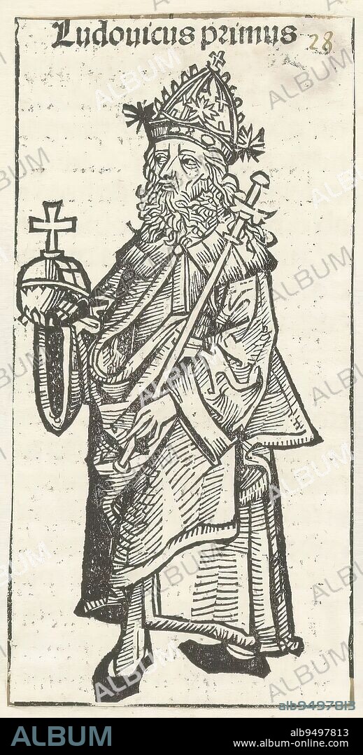 Emperor Louis the Pious, Ludovicus primus (title on object), Liber Chronicarum (series title), A king with imperial apple and scepter, full-length. The depiction is part of the sequence of emperors in the Liber Chronicarum. The text identifies the man as Emperor Louis the Pious. The print is part of an album., print maker: Michel Wolgemut, (workshop of), print maker: Wilhelm Pleydenwurff, (workshop of), Neurenberg, 1493, paper, letterpress printing, height 119 mm × width 59 mm.