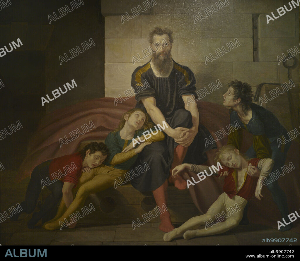 GIUSEPPE DIOTTI (1779-1846). ITALIAN PAINTER.. Ugolino della Gherardesca (h. 1220-1289). Conde de Donorático. Aristócrata y comandante naval de la ciudad italiana de Pisa. Condenado a muerte durante una revolución en 1289. Fue recluido en la Torre de Gualandi (Torre della Muda), junto a sus hijos Gaddo y Uguccione, y sus nietos Nino y Andelmuccio. Tras nueve meses murieron de hambre. El Conde Ugolino en la torre. Oleo sobre lienzo por el pintor italiano Giuseppe Diotti (1779-1846). Museo Cívico Ala Ponzone. Cremona. Italia.