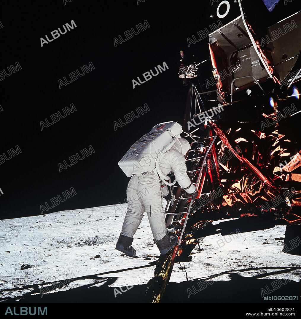 American astronaut Edwin E. Aldrin Jr., lunar module pilot, descending steps of lunar module ladder as he prepares to walk on moon during Apollo 11 extravehicular activity, photograph by Neil Armstrong, Johnson Space Center, NASA , July 20, 1969.