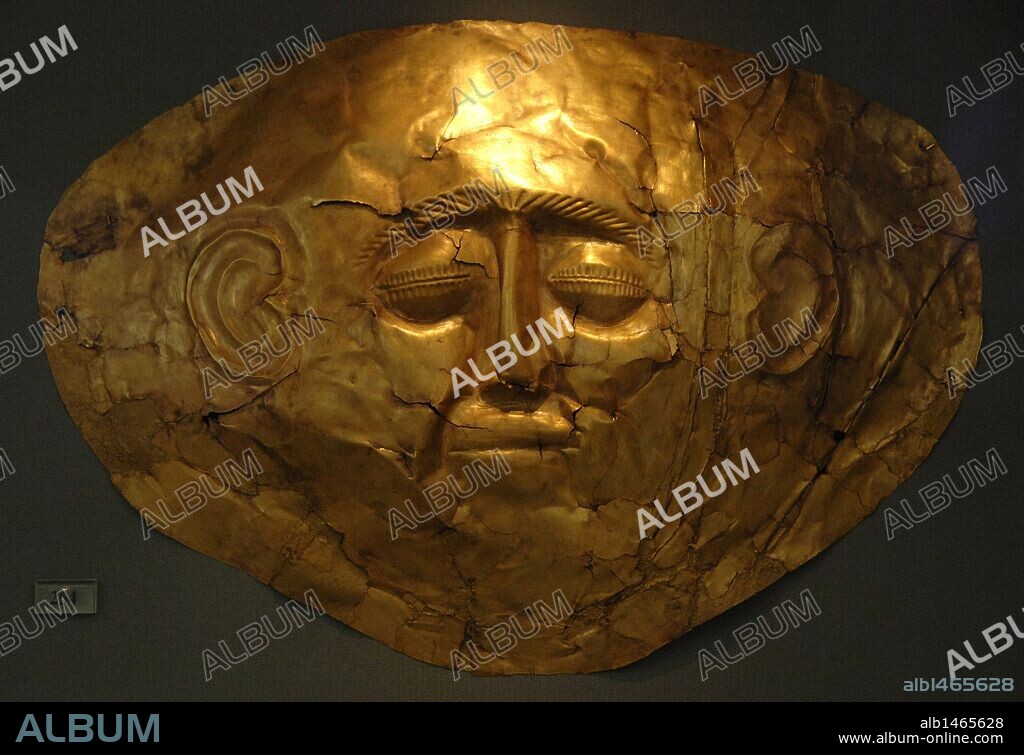 Mycenaean art. Greece. Funerary Mask in gold foil embossing. Found in Tomb IV, Circle A. Mycenae. Dated in 16th century BCE. National Archaeological Museum. Athens.