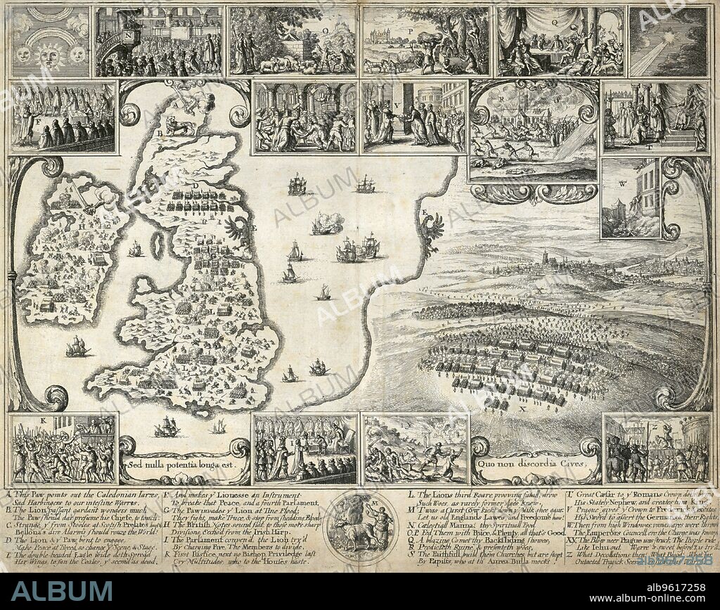 WENCESLAUS HOLLAR. Map of the British Isles and illustrations of 17th century historical events, c1659. The large scene depicts the Battle of the White Mountain in Bohemia in 1620 in the the early stages of the Thirty Years War. The smaller compare the events of the English and Bohemian civil wars. From the Mayson Beeton Collection.