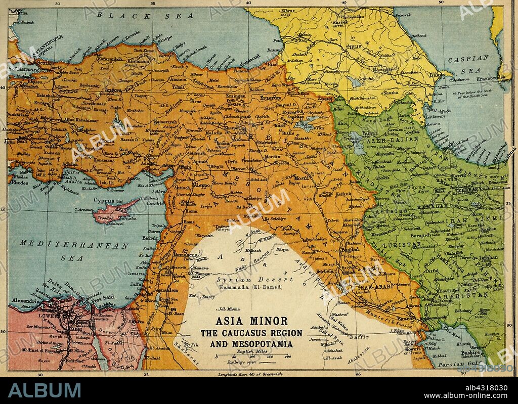 JOHN BARTHOLOMEW & SON. 'Asia Minor, the Caucasus Region and Mesopotamia', First World War, c1915, (c1920). Map of part of the Middle East, showing eastern Turkey, Cyprus, Syria, Lebanon, Palestine, northern Egypt and the Sinai, Iraq, Azerbaijan, Kurdistan, Georgia and Persia. From "The Great World War - A History" Volume IV, edited by Frank A Mumby. [The Gresham Publishing Company Ltd, London, c1920].