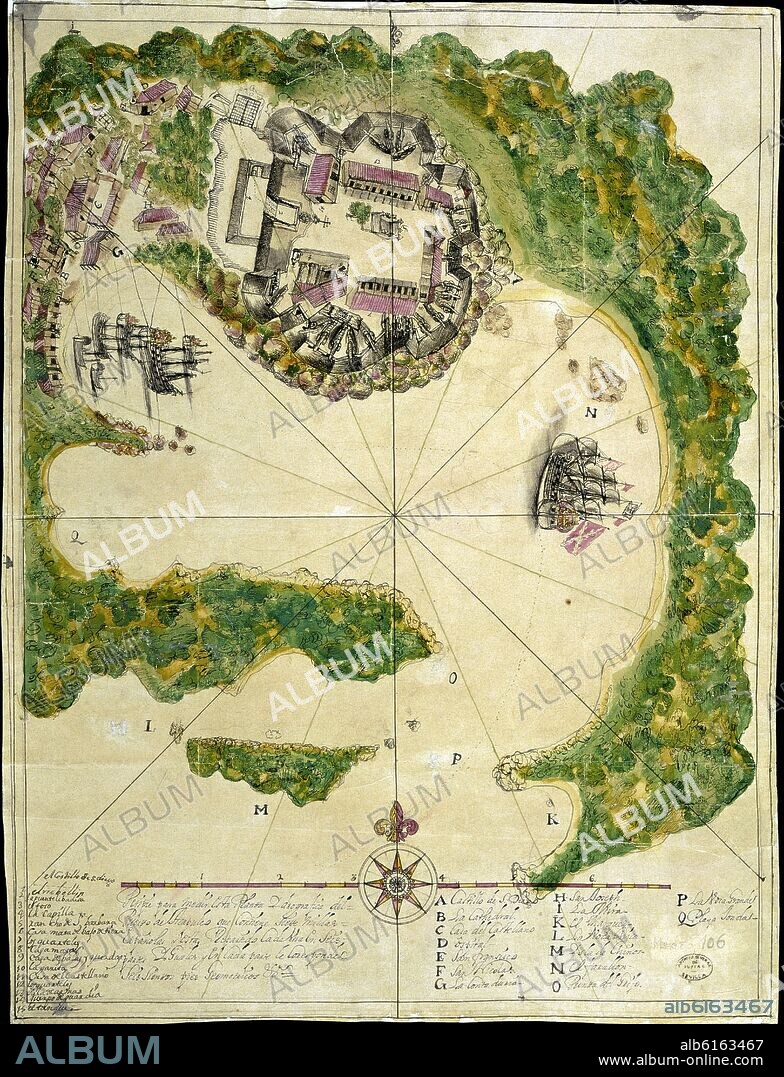 PLANO DE LA CIUDAD DE ACAPULCO CON SU CASTILLO - 1742.