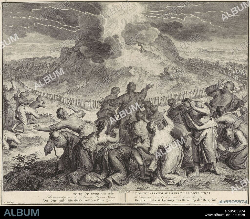 Moses on Mount Sinai, Gilliam van der Gouwen, after Gerard Hoet (I), 1728, Moses speaking to God on Mount Sinai. The Jewish people in the foreground panic at hearing thunders and seeing flashes of light and smoke coming from the mountain (Ex. 20:21). The print has a Hebrew, Latin, French, English, German and Dutch caption., print maker: Gilliam van der Gouwen, (mentioned on object), intermediary draughtsman: Gerard Hoet (I), (mentioned on object), publisher: Pieter de Hondt, print maker: Amsterdam, publisher: The Hague, 1728, paper, etching, engraving, w 425 mm × h 353 mm.