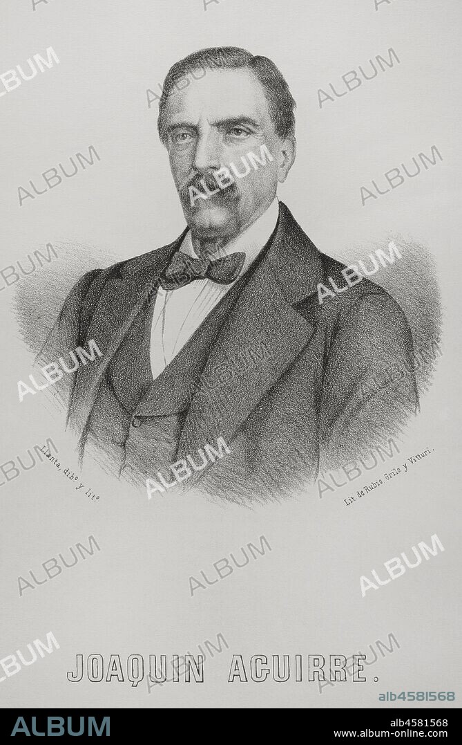 Joaquín Aguirre de la Peña (1807-1869). Político y catedrático español, presidente de la Junta Provisional Revolucionaria que asumió el poder tras el derrocamiento de Isabel II. Dibujo por Llanta. Litografía. Crónica General de España, Historia Ilustrada y Descriptiva de sus Provincias. Castilla-La Vieja,1870. Biblioteca Histórico Militar de Barcelona, Cataluña, España.