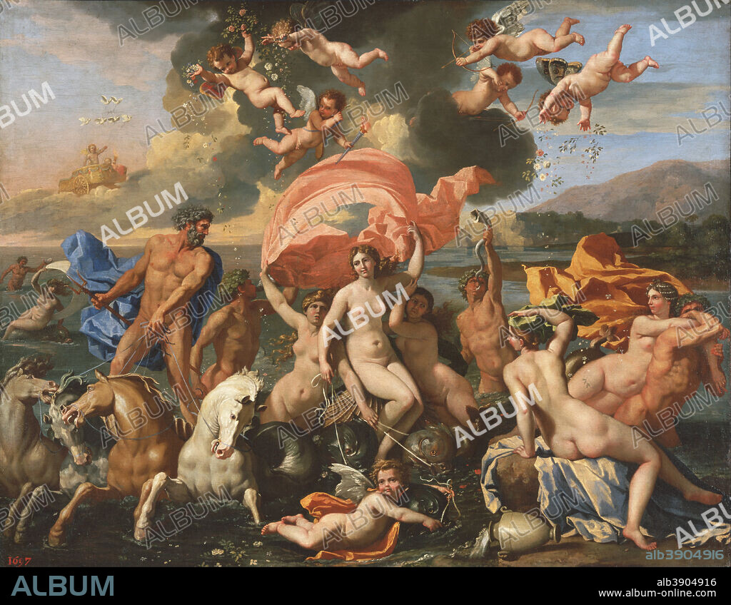 NICOLAS POUSSIN. The Birth of Venus. Date/Period: 1635 or 1636. Painting. Oil on canvas Oil on canvas. Height: 972.31 mm (38.27 in); Width: 1,080.77 mm (42.55 in).