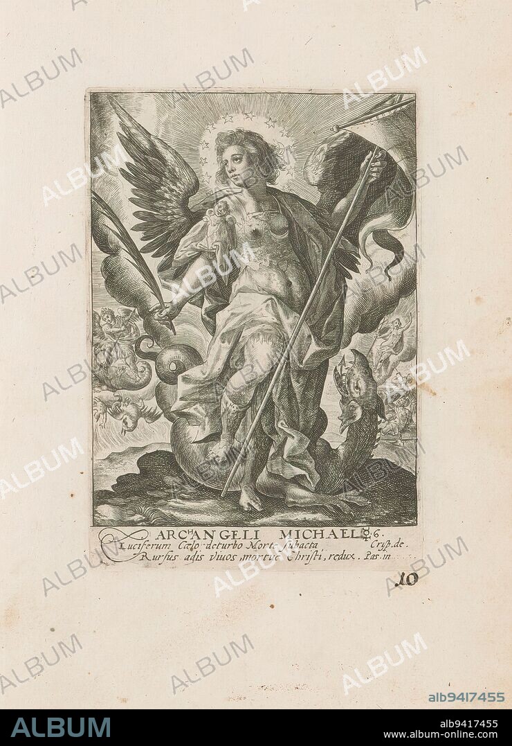 Archangel Michael, Archangeli Michael (title on object), Archangels and other angels (series title), Deus Pater ex quo Omnia Angeli (series title on object), Archangel Michael with palm branch and banner. In the background scenes of the Last Judgment. Numbered in indorsement: 6. Part of a series of twelve representations of archangels and other angels in this album. Part of an album of mainly Christian representations., print maker: Crispijn van de Passe (I), after own design by: Crispijn van de Passe (I), (mentioned on object), publisher: Gerard Valck, 1585 - 1637 and/or 1670 - 1726, paper, engraving, height 145 mm × width 100 mm, height 298 mm × width 182 mm.