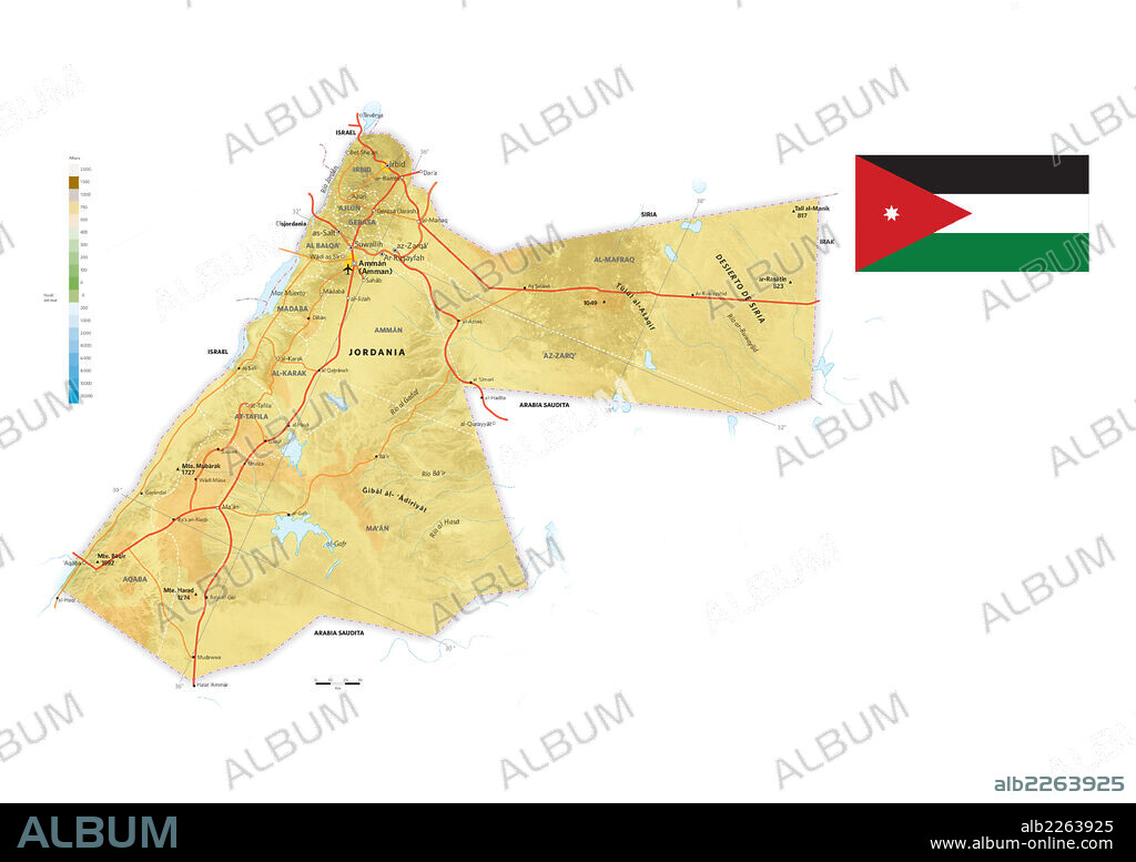 JORDANIA. Mapa físico y político de Jordania.