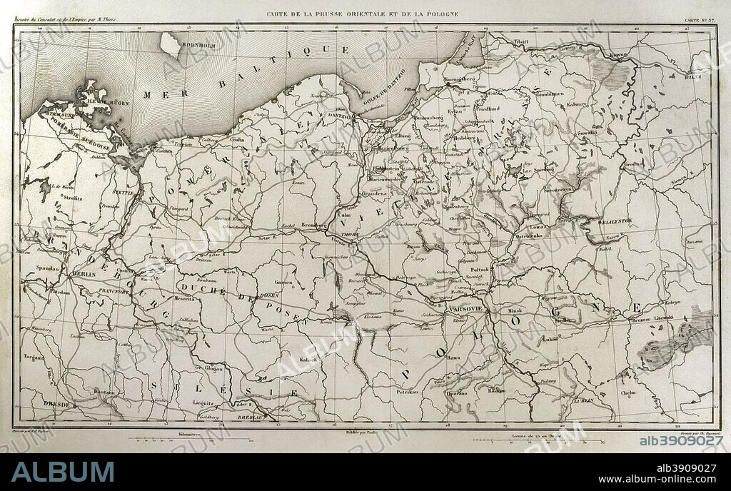 Napoleonic map. East Prussia and Poland. Atlas de l'Histoire du Consulat et de l'Empire. History of the Consulate and the Empire of France under Napoleon by Marie Joseph Louis Adolphe Thiers (1797-1877). Drawings by Dufour, engravings by Dyonnet. Edited in Paris, 1864.