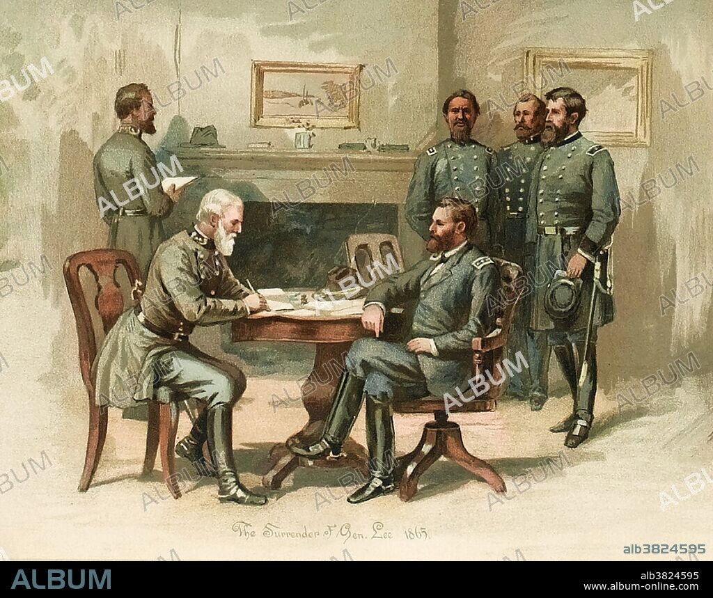 General Ulysses S. Grant accepting the surrender of General Robert E. Lee at Appomattox Court House, 1865. Painted by Thure de Thulstrup (1848 -1930) in 1865. Ulysses S. Grant (1822-1885) was the 18th President of the United States and the leading Union general during the American Civil War (1861-1865). A career soldier, he graduated from the United States Military Academy at West Point and served in the Mexican-American War. Under Grant, the Union Army defeated the Confederate military and effectively ended the Civil War with the surrender of Robert E. Lee's army at Appomattox. Grant served two consecutive terms as President after the war and during the turbulent Reconstruction period that followed.