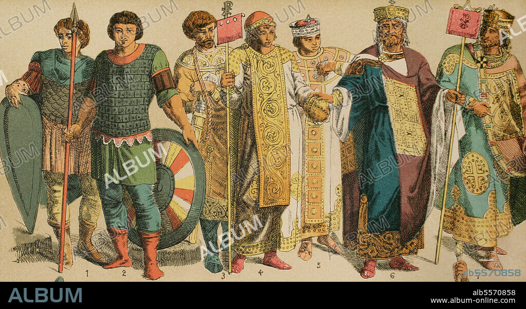 Byzantines (700-1000). From left to right: 1 and 2: Byzantine soldiers, 3: Royal employee, 4 and 5: Royal costumes. Dalmatic. Silk cloth. Sceptre, 6 and 7: Royal suit. Dalmatic and second robe. Chromolithography. "Historia Universal" (Universal History), by César Cantú. Volume IV. Published in Barcelona, 1881.
