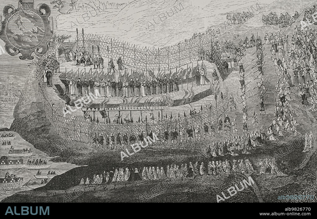 Japan. Persecution of Christians. The Great Martyrdom of Nagasaki (September 10, 1622). On that date, twenty-two missionaries and Japanese Christians were burned. Thirty others, including women and children, were beheaded in the presence of a large crowd. Engraving from a Japanese watercolour of the time, preserved in the Church of the Gesù in Rome. "Vie Militaire et Religieuse au Moyen Age et à l'Epoque de la Renaissance". Paris, 1877.