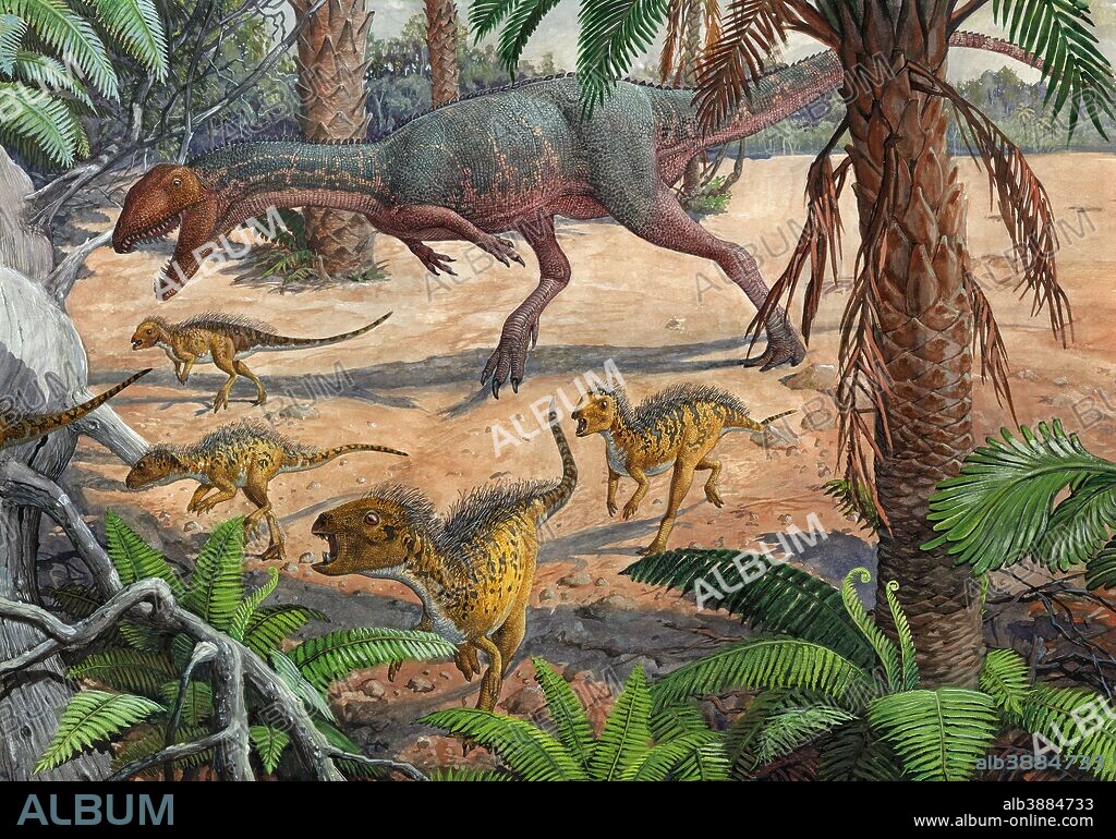 A large carnivorous Dracovenator chasing a group of Heterodontosaurus dinosaurs during the Early Jurassic period.