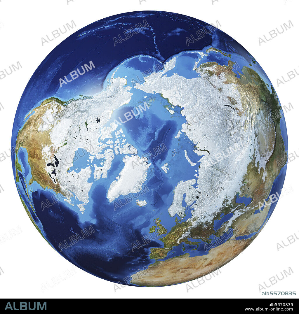 3D illustration of planet Earth globe on white background, centered on the Arctic and North Pole, without clouds.