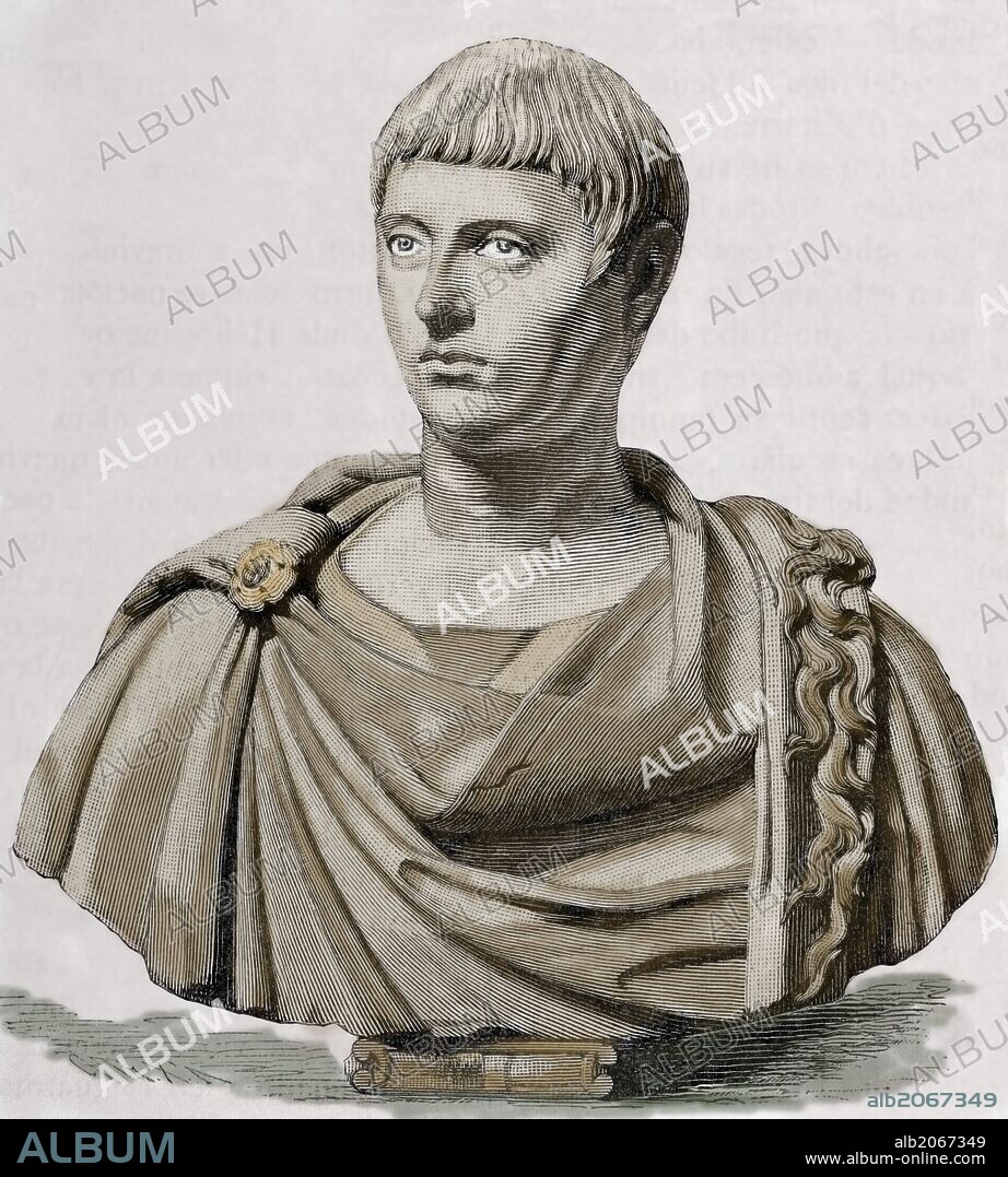 Heliogábalo (203-222). Emperador romano de la dinastía Severa que reinó desde el año 218 hasta el 222. Al convertirse en emperador tomó el nombre de Marco Aurelio Antonino Augusto, y sólo fue conocido como Heliogábalo mucho tiempo después de su muerte. Grabado coloreado. "El Mundo Ilustrado", año 1880.