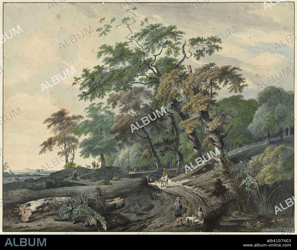 Landscape with a road through a forest and a falcon hunter. Draughtsman: Gerard van Nijmegen. After Jan van Kessel (1641-1680) (mentioned on object). After Johannes Lingelbach. Dating: 1801. Measurements: h 373 mm × w 474 mm.