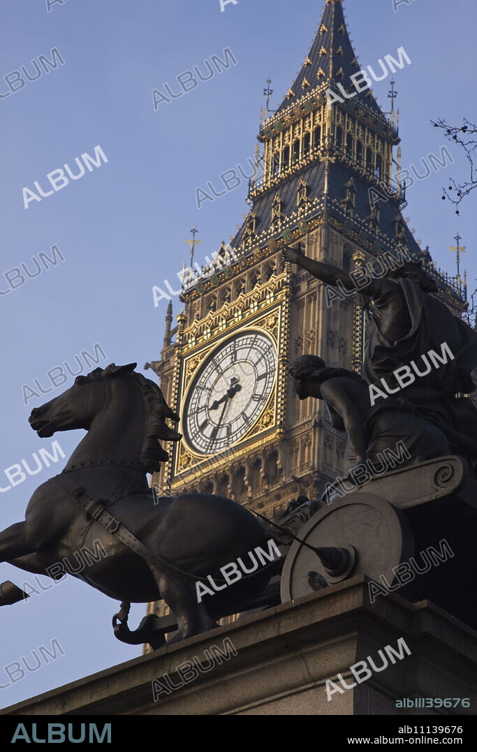 Big Ben seen through the statue of Boudica (Boadicea), Westminster, London, England, United Kingdom, Europe.