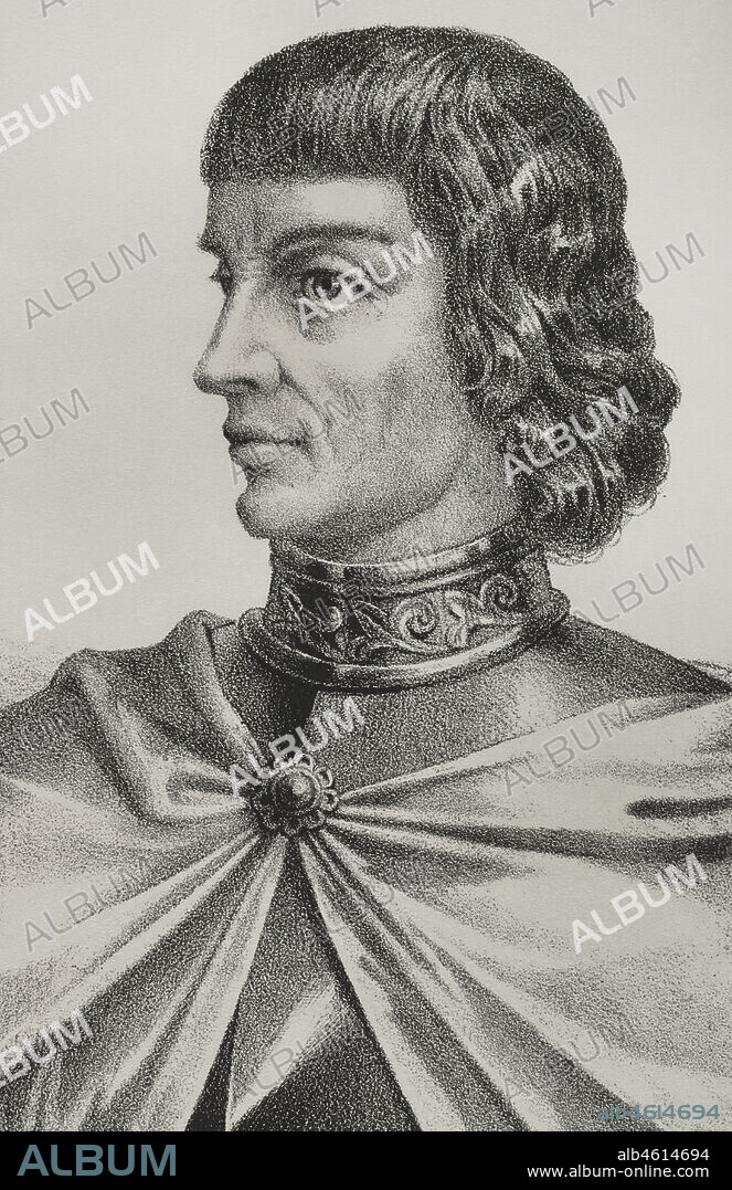 ISIDORO SALCEDO. SPANISH PAINTER, LITHOGRAPHER AND CARTOONIST,19TH CENTURY.. Pedro de Vera Mendoza (?-1505). Conquistador castellano que llevó a cabo la conquista de la isla de Gran Canaria, de la que fue gobernador entre 1480 y 1491. Retrato. Dibujo por Salcedo. Litografía. Detalle. Crónica General de España, Historia Ilustrada y Descriptiva de sus Provincias. Canarias, 1871.