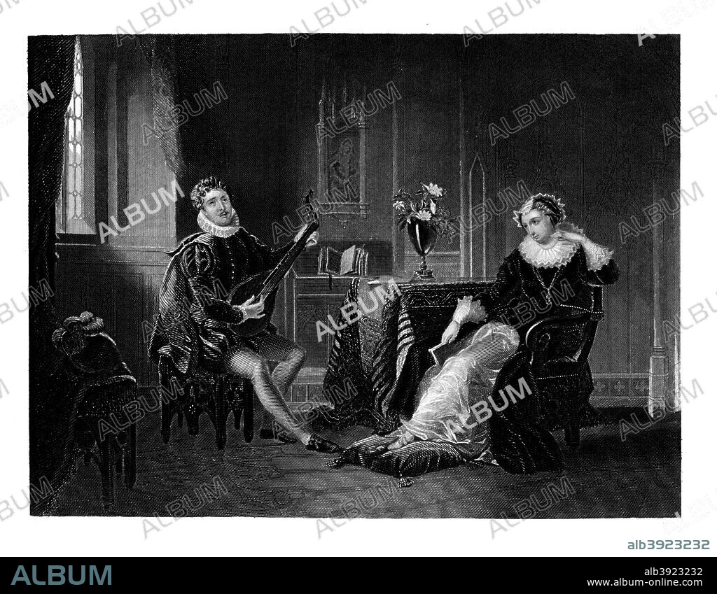 Chatelar Playing the Lute to Mary Queen of Scots, 1560s, (1860). Pierre de Bocosel de Chastelard (1540-1562) was in love with Mary.