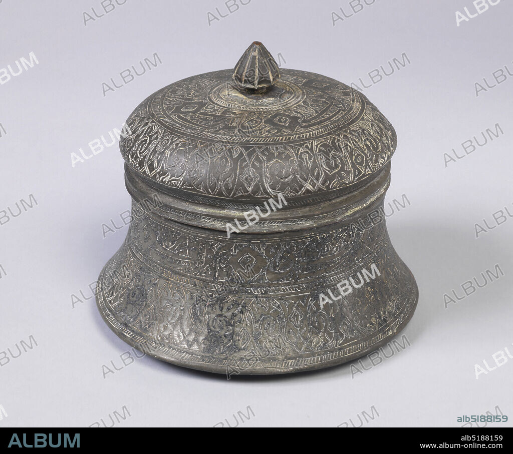 Lidded bowl, Tinned and engraved copper, Bowl with lid, campaniform; lid surmounted by a paneled pointed mushroom-shaped knob. Body and cover decorated with wide engraved bands of inscription bounded by narrower bandings of diagonal lines., 19th century, metalwork, Decorative Arts, Lidded bowl.