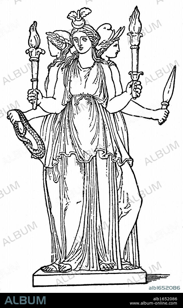 Hecate, triple - bodied daughter of the Titan Perses and of Asteria. As goddess of the lower world, in Ancient Greek mythology she ruled over magic, ghosts and witchcraft. Wood engraving.