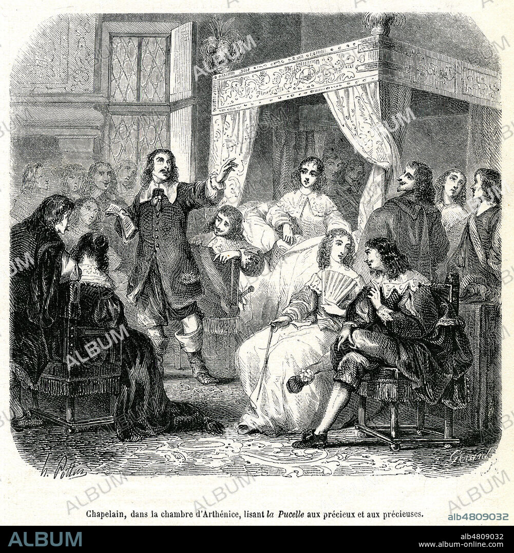LEcture de poeme poesie dans un salon au 17eme siecle en France, Jean CHAPELAIN (1595-1674), dans la chambre d'ARTHENICE (Madame Catherine de RAMBOUILLET (1588-1655), lisant La Pucelle aux Precieux et Precieuses (dites ridicules par MOLIERE). Illustration de Henri POTTIN (1820-1864) pour le Musee des Familles de janvier 1857. Credit : Collection Jonas/Kharbine-Tapabor.