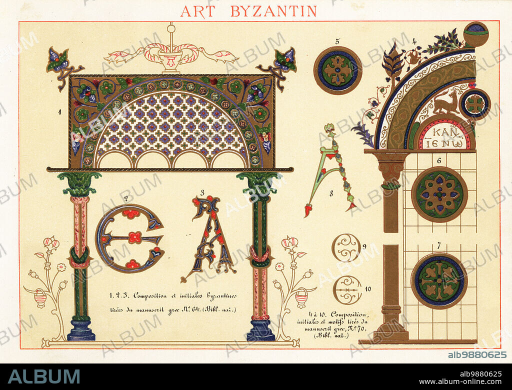 Initials,, motifs and architectural elements from Byzantine art, 10th century.. Taken from an illuminated manuscript by Eusebius of Caesarea. 1-3 composition et initiales byzantines tirees du manuscrit grec 64 Eusebius Cæsariensis, Bib. Nat., 4-10 manuscit grec 70. Chromolithograph designed and lithographed by Ernst Guillot from Elements dOrnementation pour lEnluminure (Elements of Ornamentation for Illumination), Renouard, Paris, 1890.