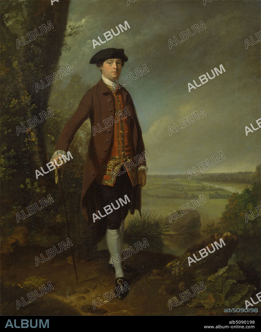 Thomas Le Blanc, John Hamilton Mortimer, 17401779, British, Formerly attributed to Johan Joseph Zoffany RA, 17331810, German, active in Britain (from 1760), ca. 1767, Oil on canvas, Support (PTG): 30 x 25 inches (76.2 x 63.5 cm), breeches, buckles, fields (agricultural land), Georgian, hat, man, portrait, staff (walking stick), stockings, uniform, water.