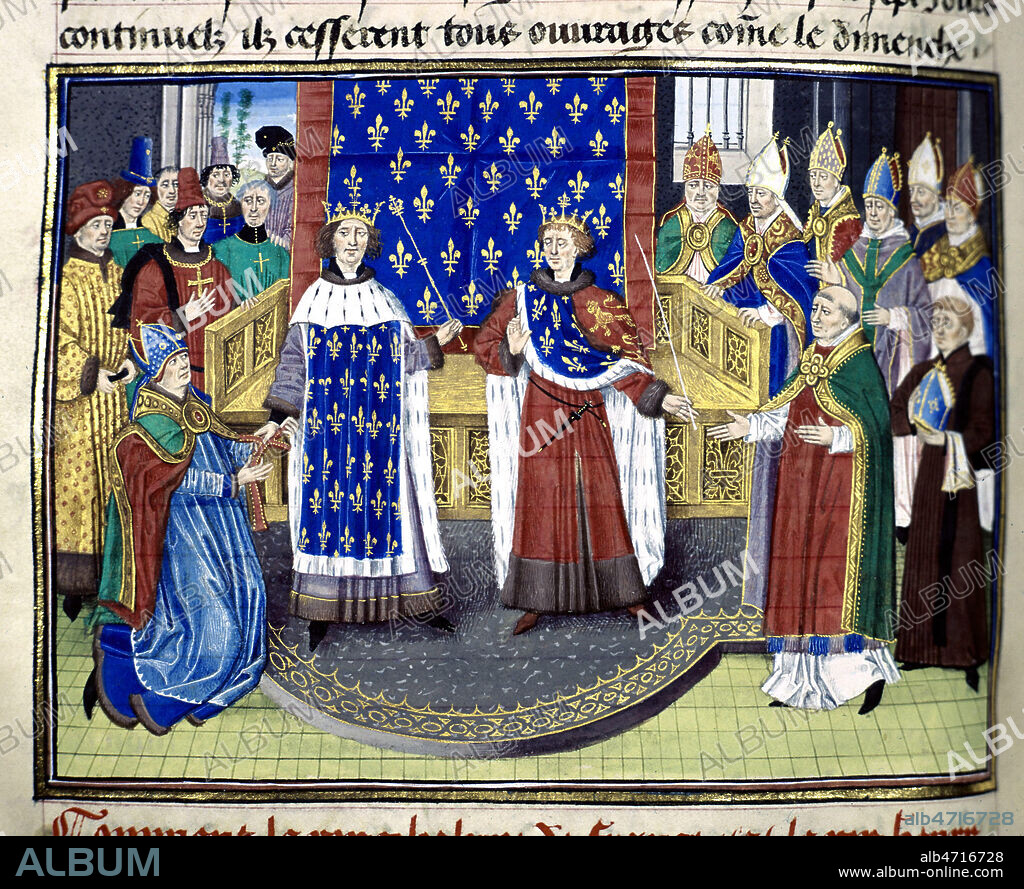'Comment les rois Philippe de France et Henry d'Angleterre se croiserent' PHILIPPE-AUGUSTE (1165-1223) et HENRI II (1133-1189) signent le traite de paix d'Azay-le-Rideau. L'Auvergne, qui appartenait alors a l'Angleterre (comme l'Aquitaine, par le mariage d'Alienor avec Henry en 1152) redevient fief francais.( XIIe, 12e, 12eme s). Enluminure par Loyset LIEDET tiree de la Chronique des Empereurs par David AUBERT, vers 1460. Manuscrit medieval conserve a la bibliotheque de l'Arsenal. Ms 5090 f°157. Credit : Collection JEAN VIGNE / Kharbine-Tapabor.