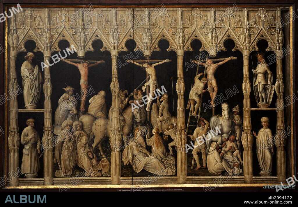 ARTE GOTICO. ALEMANIA. GABRIEL ANGLER (1405-1460). Pintor de frescos alemán. "Crucifixión con los santos Coloman, Quirin, Castor y Grisogono (c. 1440) ". Alte Pinakothek (Pinacoteca antigua). Munich. Alemania.