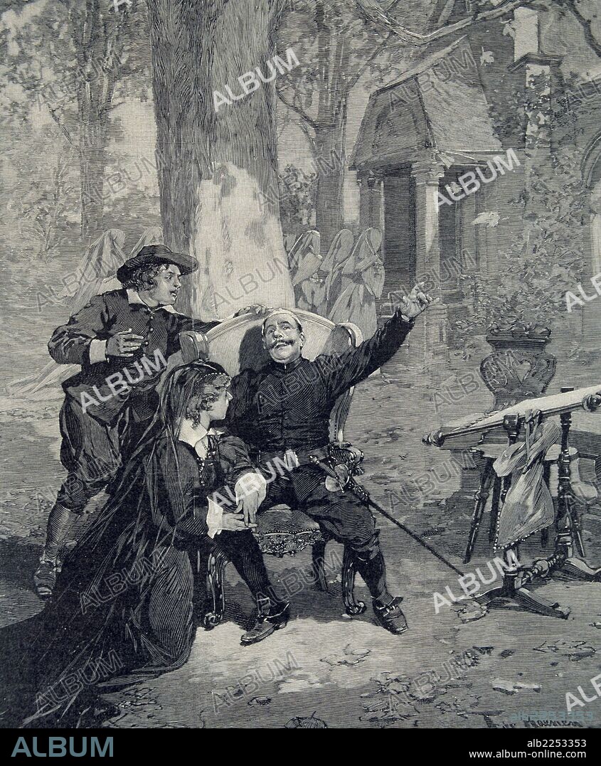 ROSTAND , EDMOND. ESCRITOR FRANCES. 1868 - 1918. REPRESENTANDO SU PROPIA OBRA " CYRANO DE BERGERAC " EN EL TEATRO DE LA PUERTA DE SAN MARTIN DE PARIS EN 1898. GRABADO L ¿ILLUSTRATION , AÑO 1898.