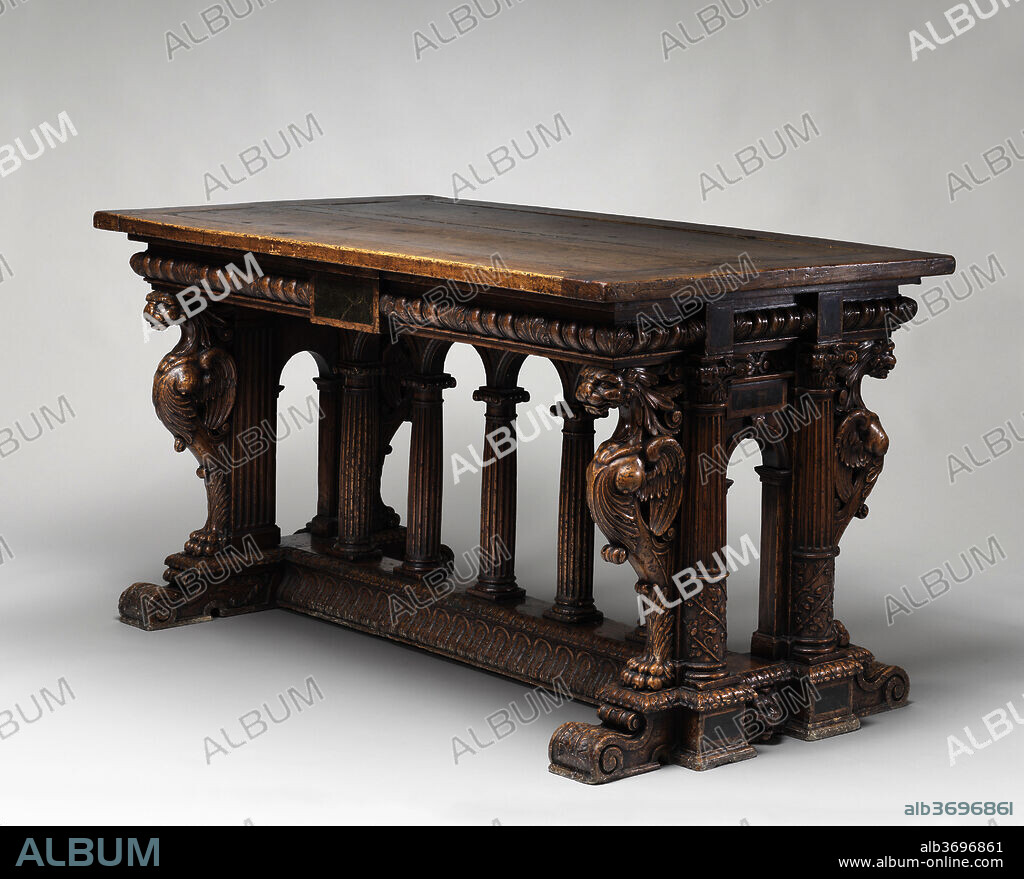 FRENCH 16TH CENTURY. Walnut Table with Lion Sphinxes. Dated: second half 16th century. Dimensions: overall: 150.5 x 88 x 83.8 cm (59 1/4 x 34 5/8 x 33 in.). Medium: walnut.