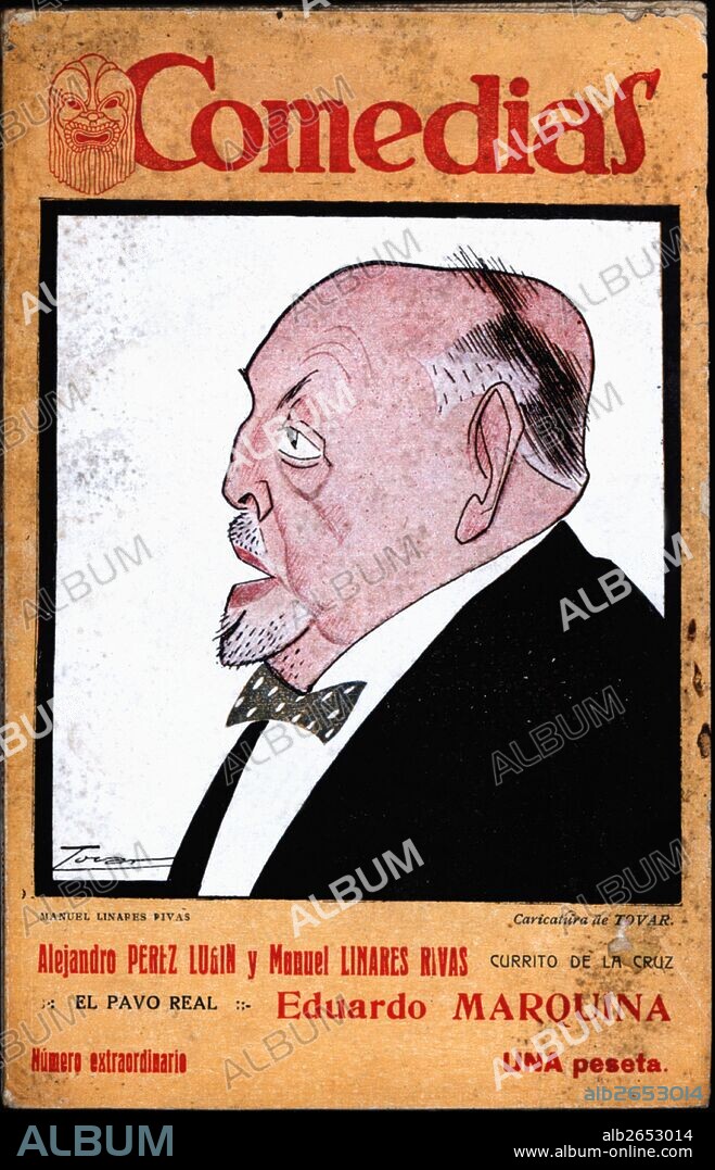MANUEL TOVAR SILES. Portada de la publicación "Comedias". Caricatura de Manuel Linares-Rivas Astray-Caneda (1866-1938). Editorial siglo XX, Madrid. Años 1920.