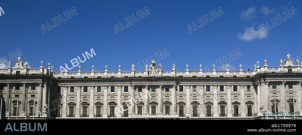 Spain, Madrid. Royal Palace. It was built by order of Philip V. The project was commissioned to Giovanni Battista Sachetti (1690-1764). Its construction began in 1738 and the building was completed in 1764. Facade. Architectural detail.