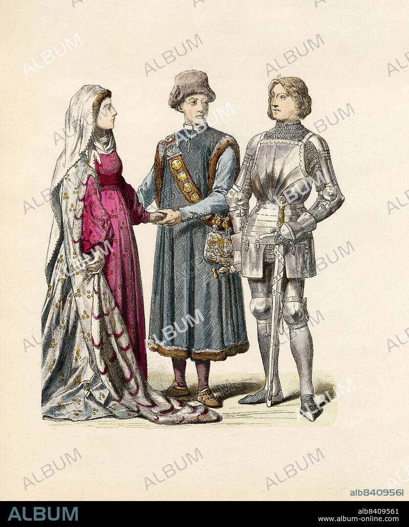 Lady's Dress (Mid 1400), Townsman of Ravensburg (1429), Knight of Stettenberg (1428), Germany, 15th Century, Illustration, The History of Costume, Braun & Schneider, Munich, Germany, 1861-1880.
