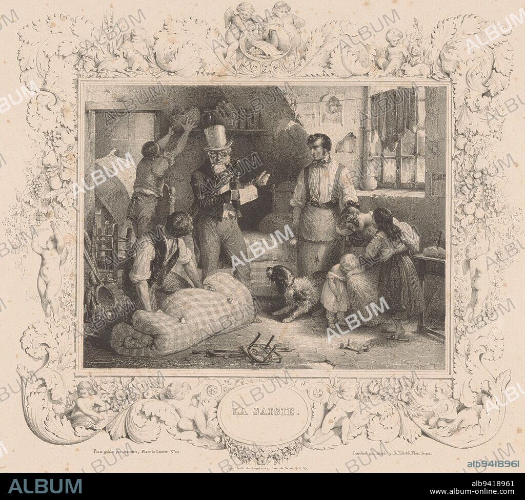 Confiscation of belongings of a poor family La saisie , print maker: Jules David (1808-1892), (mentioned on object), printer: Joseph Rose Lemercier, (mentioned on object), publisher: Henri Jeannin, (mentioned on object), print maker: Paris, printer: Paris, publisher: Paris, publisher: London, 1836, paper, h 312 mm × w 488 mm.