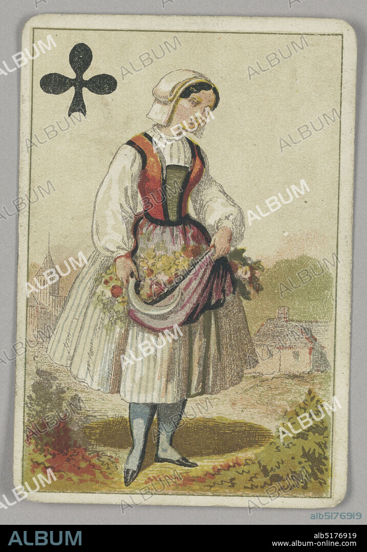 Queen of Clubs, E. Le Tellier, French, active late 19th century, B.P. Grimaud, Paris, France, Lithograph on paper, Queen of Clubs court playing card from a pack of transformation playing cards. A female maiden figure wearing a white dress with orange and yellow bodice. She carries freshly-picked flowers in the folds of her skirt. Architectural indications of a town in the background. A black club at upper left corner., Paris, France, late 19th century, toys & games, Playing card, Playing card.