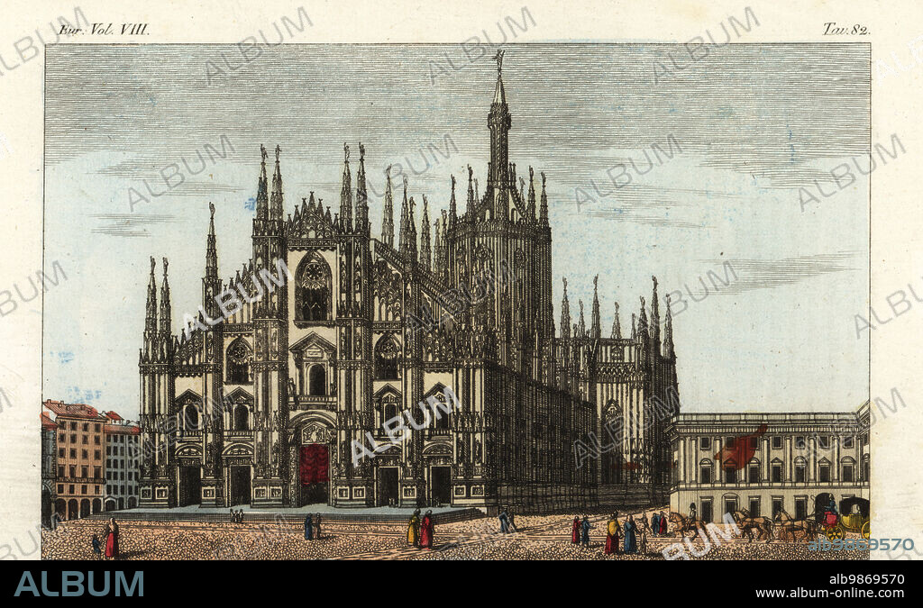 View of Milan Cathedral, Gothic church built from 1386 by architects Simone da Orsenigo and Nicolas de Bonaventure. Duomo di Milano. Handcoloured copperplate engraving by Pietro Giarre from Giulio Ferrarios Costumes Ancient and Modern of the Peoples of the World, Il Costume Antico e Moderno, Florence, 1845.