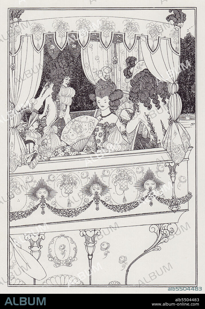 AUBREY BEARDSLEY. The Barge, 1895-1896. Baroque scene: a woman with an elaborate hairstyle is attended by two men in a boat with ornate decoration. 'Launched on the bosom of the silver Thames; Fair nymphs, and well-dressed youths around her shone; But ev'ry eye was fixed on her alone'. Illustration for "The Rape of the Lock" by Alexander Pope, published privately by Leonard Smithers in 1896. Rape in this context refers not to sexual violence but to the theft and carrying away of a lock of hair, from the Latin rapere: to snatch, to grab, to carry off. From "The Best of Beardsley" edited by R. A. Walker, [The Bodley Head, London, 1948].
