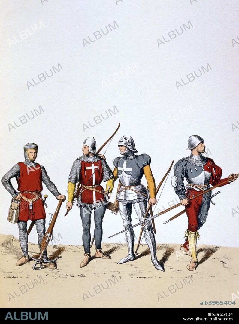 Troops of the Royal Guard, 12th-16th century (1887). A 12th or 13th century arbalétrier (crossbowman), 14th and 15th century archers and a 16th century pikeman. A print from François Cudet's Histoire des Corps de Troupes de la Ville de Paris, France, 1887.