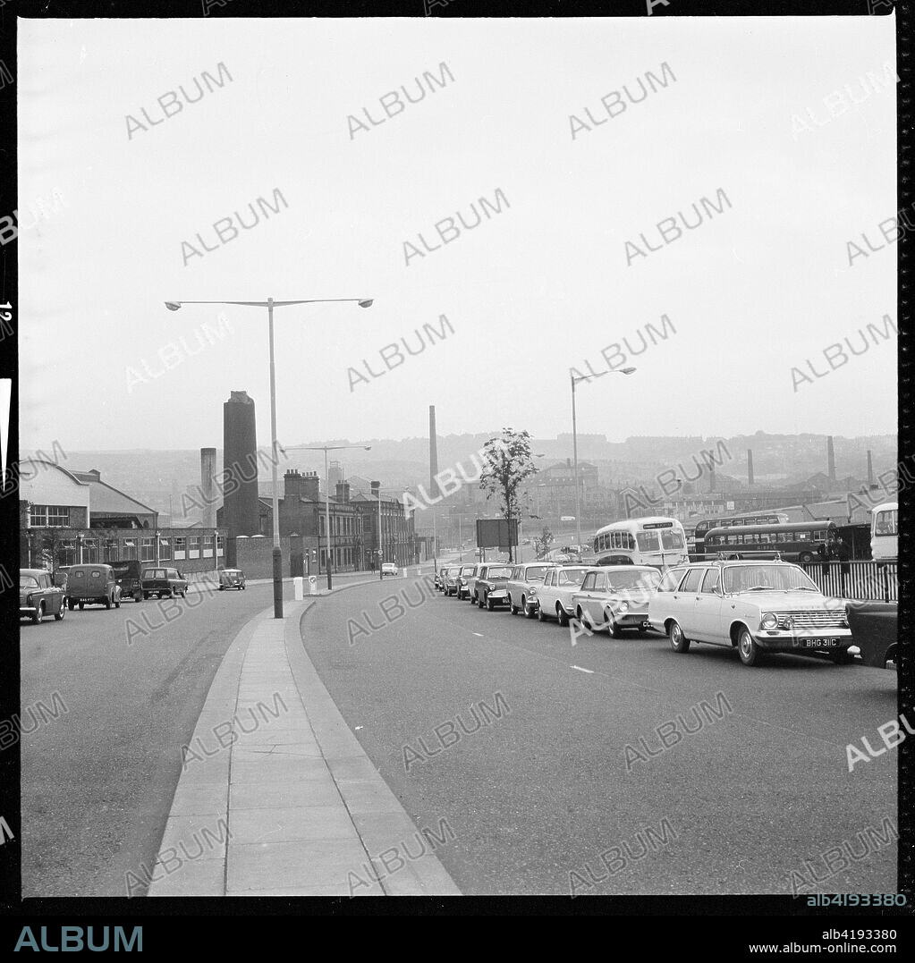 Centenary Way, Burnley, Lancashire, 1966-1974. View looking south, with the bus station to the right and Burnley Corporation Refuse Destructor complex to the left.