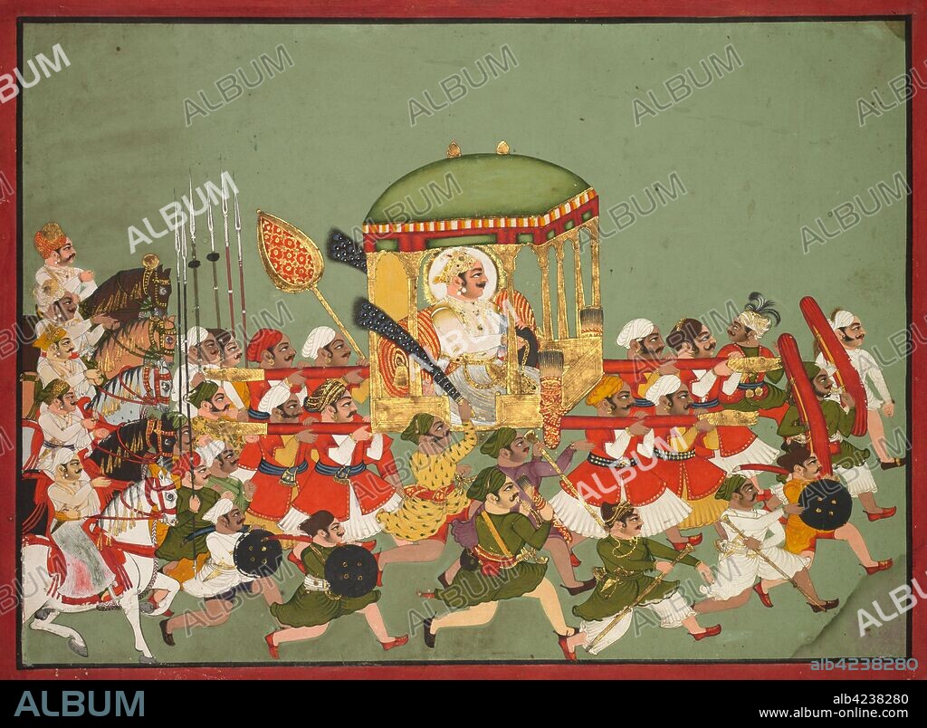 Maharao Chattar Sal (reigned 1758–64) of Kota in a Palanquin, c. 1760. Northwestern India, Rajasthan, Kota. Color and gold on paper; overall: 28.3 x 39.2 cm (11 1/8 x 15 7/16 in.); with borders: 31.6 x 42.7 cm (12 7/16 x 16 13/16 in.).