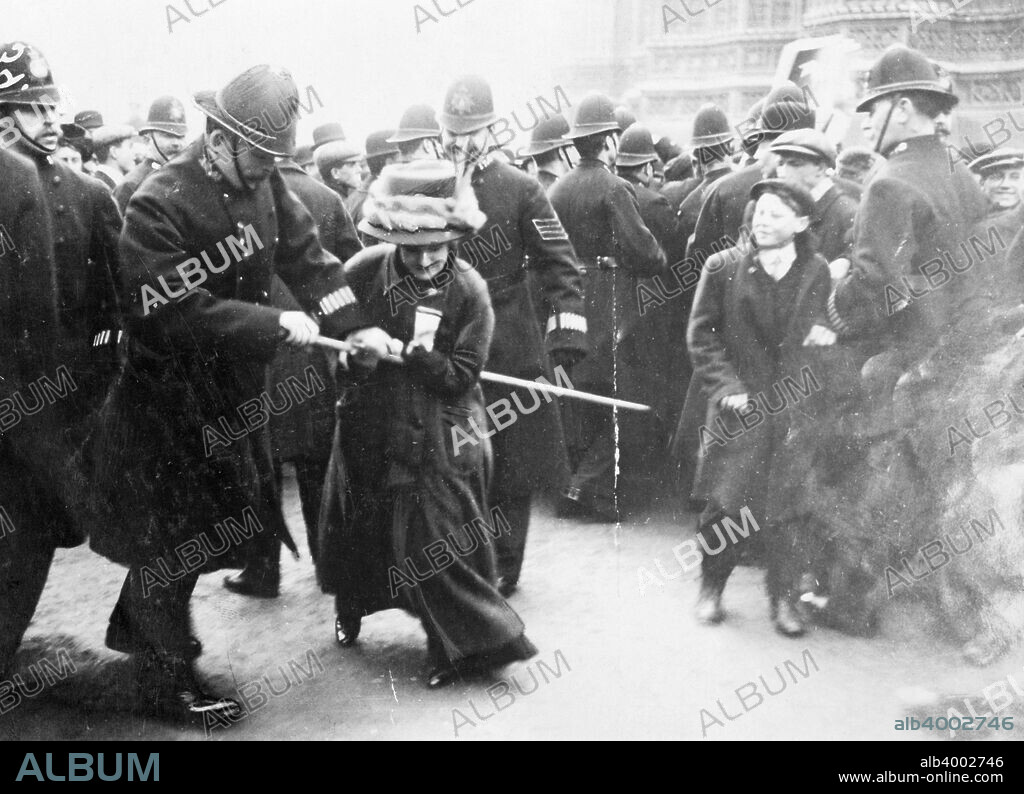 A suffragette struggling with a policeman on 'Black Friday', Westminster, London, 18th November 1910. The Conciliation Bill (which would have given the vote to women who occupied premises for which they were responsible) was shelved by the Prime Minister, Herbert Asquith. On learning of this, the Women's Social and Political Union marched on the House of Commons, a riot followed and the women were assaulted - some being severely beaten - by police and others. The newspaper Votes for Women reported that 115 women and 4 men were arrested. The WSPU quickly learned the lessons of that day and a policy decision was made to pursue their campaign using different tactics. Large deputations were considered to be too dangerous and from this moment the suffragettes went underground and waged 'guerrilla warfare' (their phrase) against the Liberal Government.