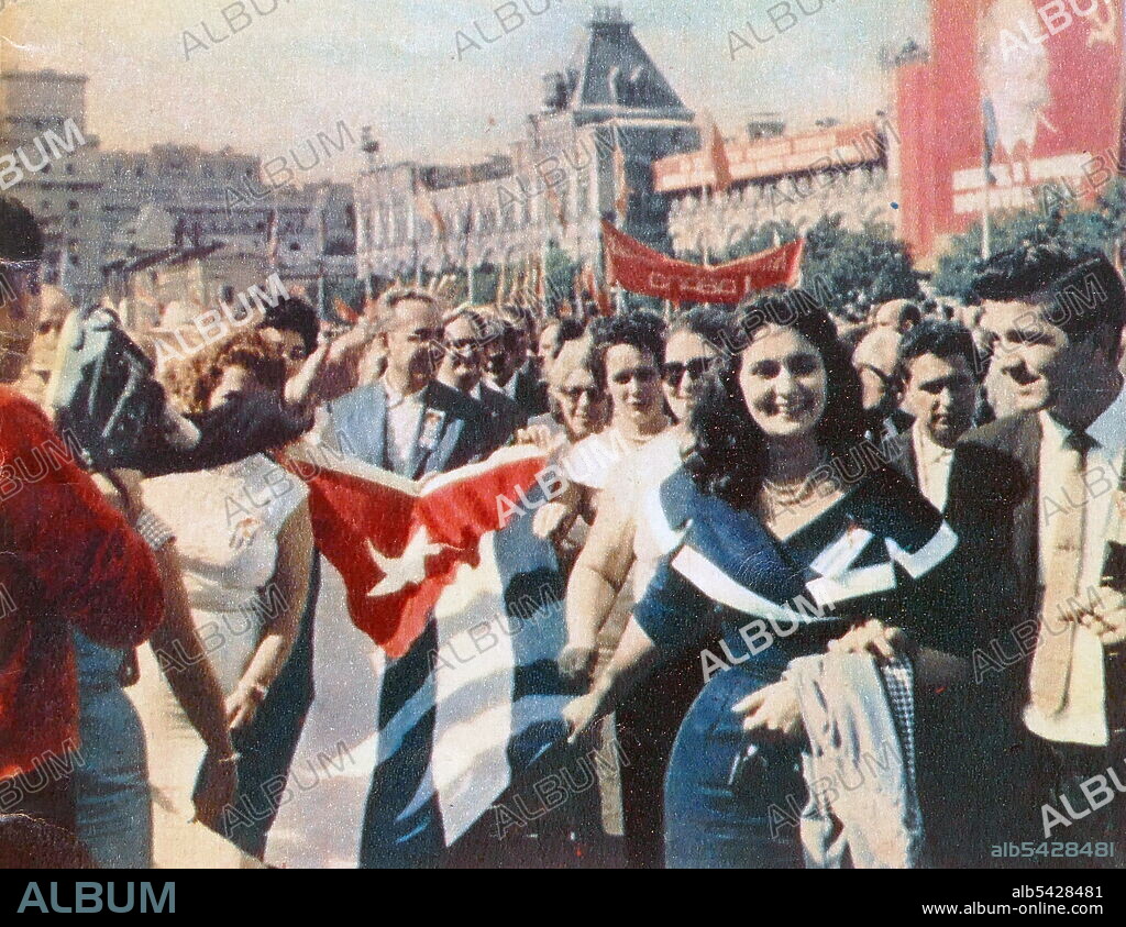 A crowd in Moscow celebrates the safe return of Soviet cosmonaut Yuri Alekseevich Gagarin (1934-1968). On April 12, 1961, Yuri Gagarin became the first person in world history to fly into open space. The Vostok launch vehicle with the Vostok-1 spacecraft carrying Gagarin was launched from the Baikonur cosmodrome located in the Kyzyl-Orda region of Kazakhstan.