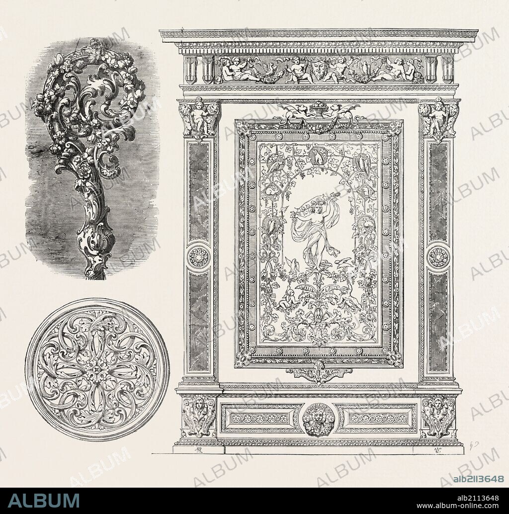 CROZIER HEAD, BY W.G. ROGERS, VENTILATOR FOR CEILING, BY BIELEFIELD, WALL DECORATION, BY G.J. MORANT, 1851 engraving.