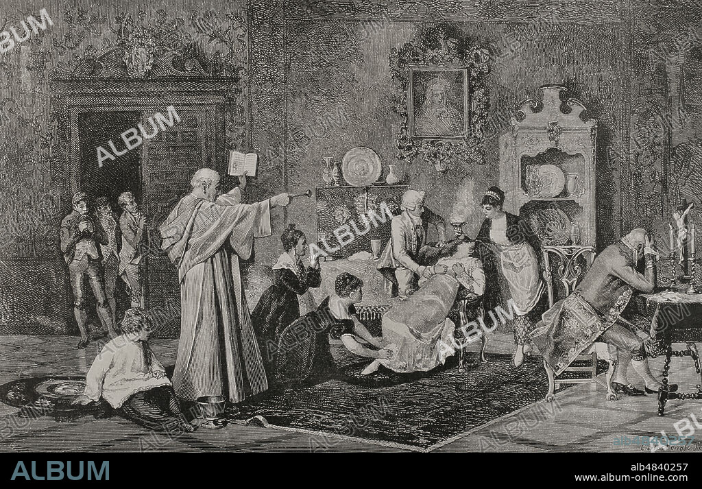 Exorcismo. Grabado según un cuadro del pintor español Serafín Martínez del Rincón. La Ilustración Española y Americana, 1878.