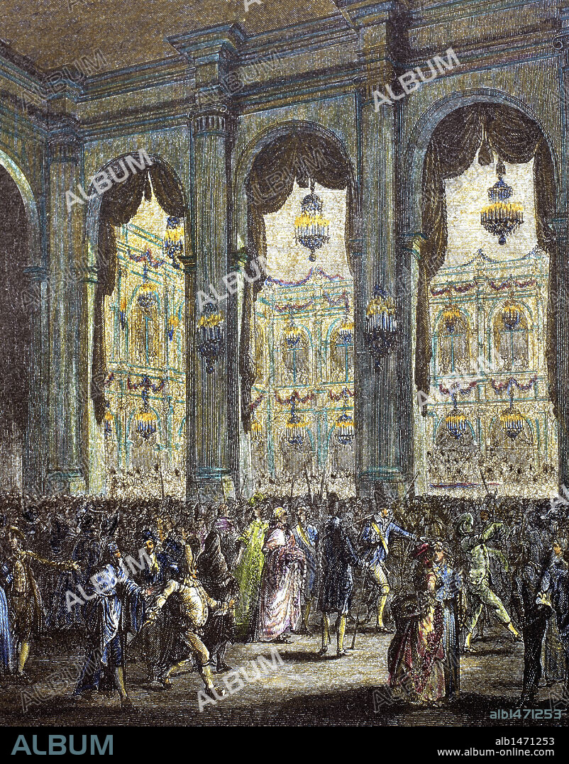 HISTORIA DE FRANCIA. S. XVIII. "BAILE DE MASCARAS ORGANIZADO POR LA CIUDAD DE PARIS EN HONOR AL REY LUIS XVI" (23 de enero del año 1782). Grabado de "Paris à travers les Âges".