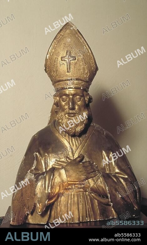 Martin, Bischof von Tours (seit 371), Heiliger; Sabaria (Ungarn) 316/317 - Candes (Frankreich) 8.11.397. Der Heilige Martin als Bischof von Tours. Skulptur, 19. Jahrhundert. Holz, vergoldet. Tours, Musée Saint Martin.
