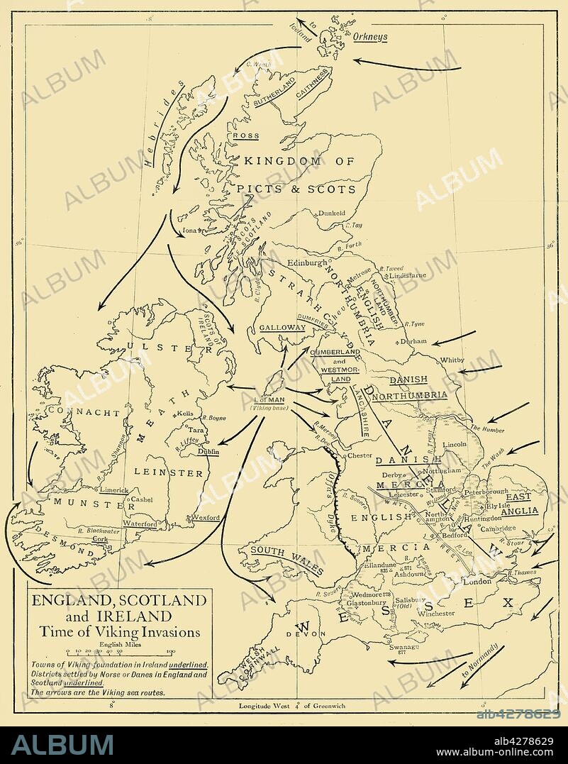 'England, Scotland and Ireland - Time of Viking Invasions', 1926. Map of Britain during the 9th-11th century. 'Towns of Viking foundation in Ireland underlined. Districts settled by Norse or Danes in England and Scotland are underlined. The arrows are the Viking sea routes.' From "History of England", by George Macaulay Trevelyan. [Longmans, Green and Co. Ltd, London, 1926].